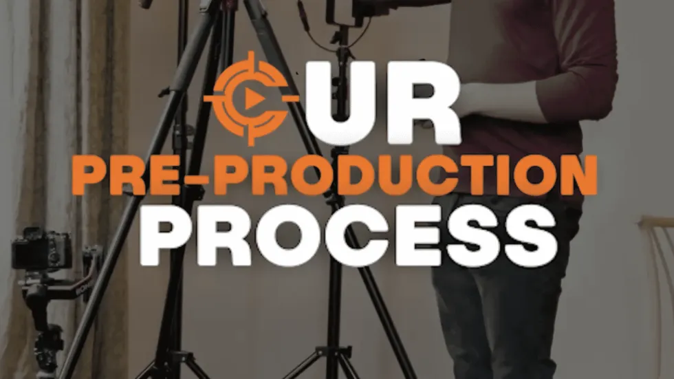 A person adjusts camera equipment on a tripod, with bold text overlay reading Our Pre-Production Process